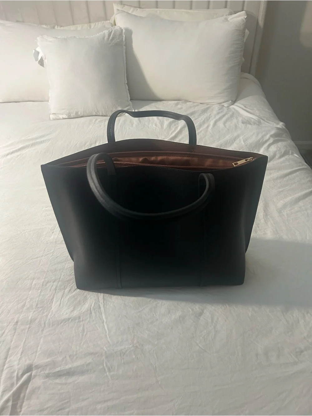 Classic Black Tote Bag with Brown Interior